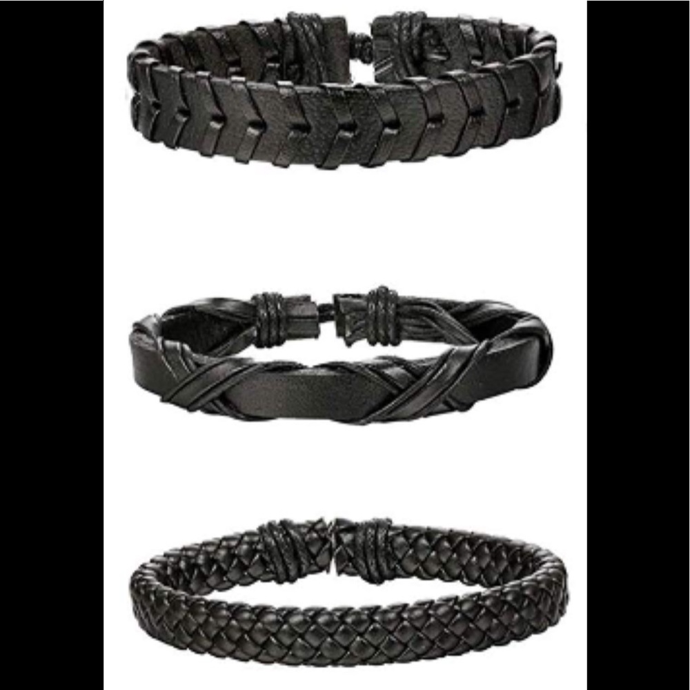 Men’s Set of 3 Black Leather Braided Bracelets